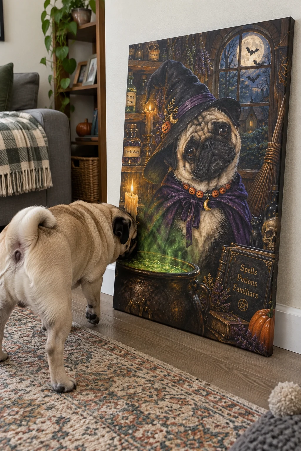 A real pug sniffs the corner of a canvas leaning on the floor, showing a painted portrait of the same pug as a witch’s familiar.